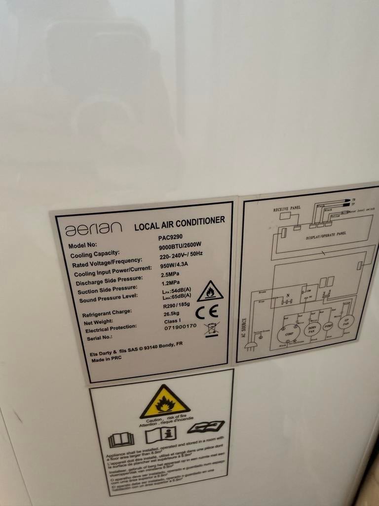 Aerian PAC9290 Mobiele Airconditioner 9000 BTU / 2600W, Ophalen, Minder dan 60 m³, Zo goed als nieuw, Koelen en Ontvochtigen