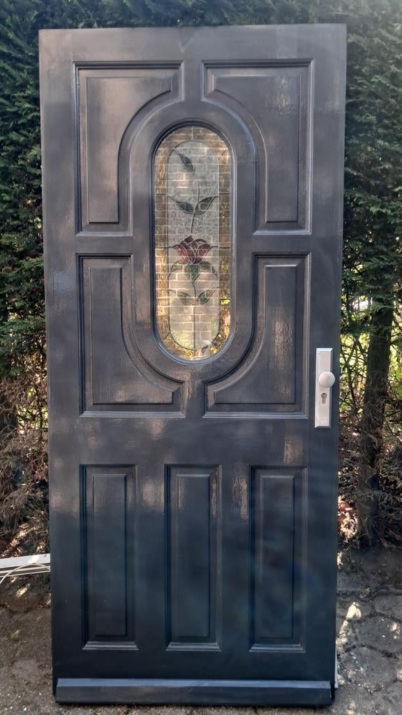 Prachtige Buitendeur met Glas-in-lood Roosmotief, Doe-het-zelf en Verbouw, Deuren en Horren, Ophalen, 80 tot 100 cm, 200 tot 215 cm