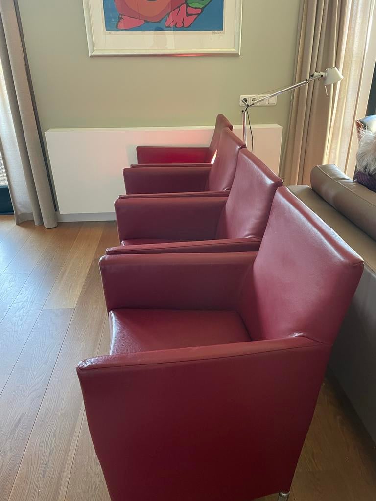 Vier leren eetkamerstoelen op wieltjes Bert Plantage, Huis en Inrichting, Stoelen, Design modern chique, Leer, Ophalen of Verzenden