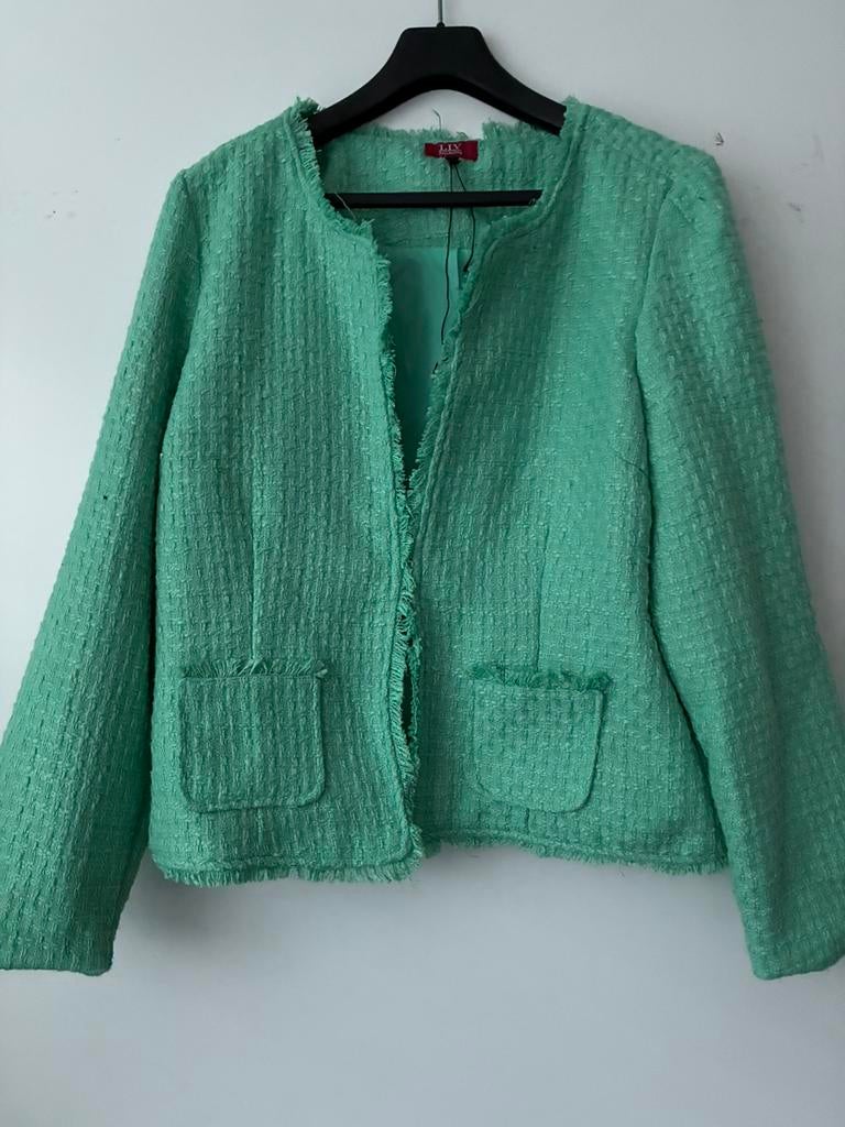 Kort jasje mintgroen chanel model apart groen ‘geweven’ stof, Ophalen of Verzenden, Zo goed als nieuw, Maat 46/48 (XL) of groter