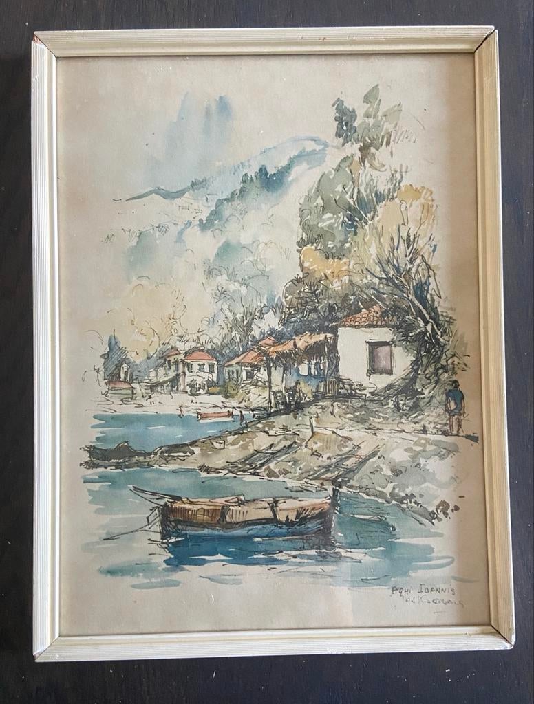 Ingelijste aquarel Jan Korthals - Uitzicht Aghi Ioannis, Ophalen of Verzenden
