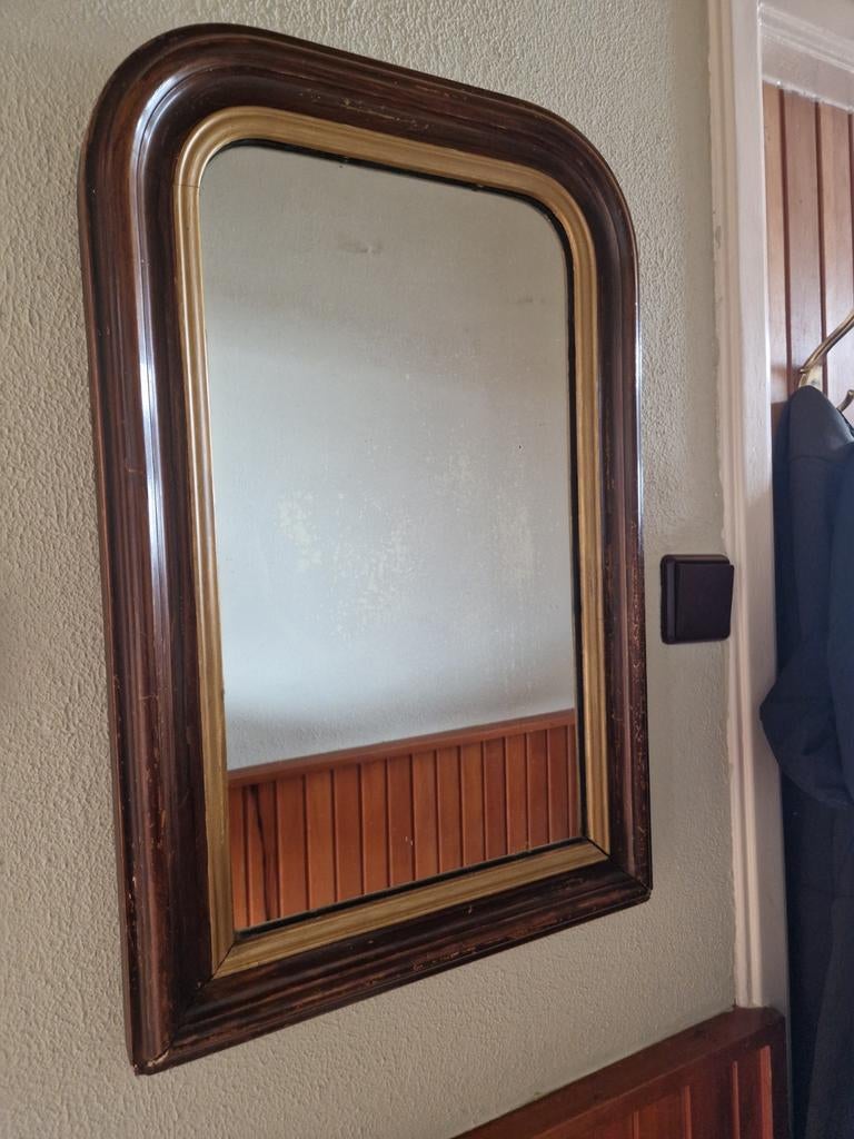 Oude spiegel met houten lijst, Antiek en Kunst, Ophalen, Rechthoekig