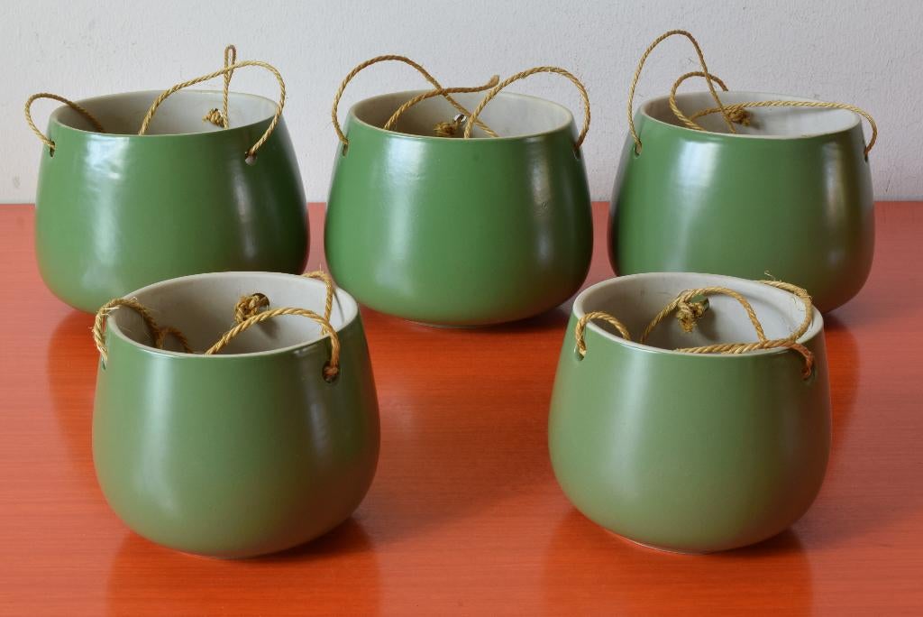 5 retro vintage design hang bloempotten / plantenhangers, Rond, Ophalen of Verzenden, Zo goed als nieuw, Balkon