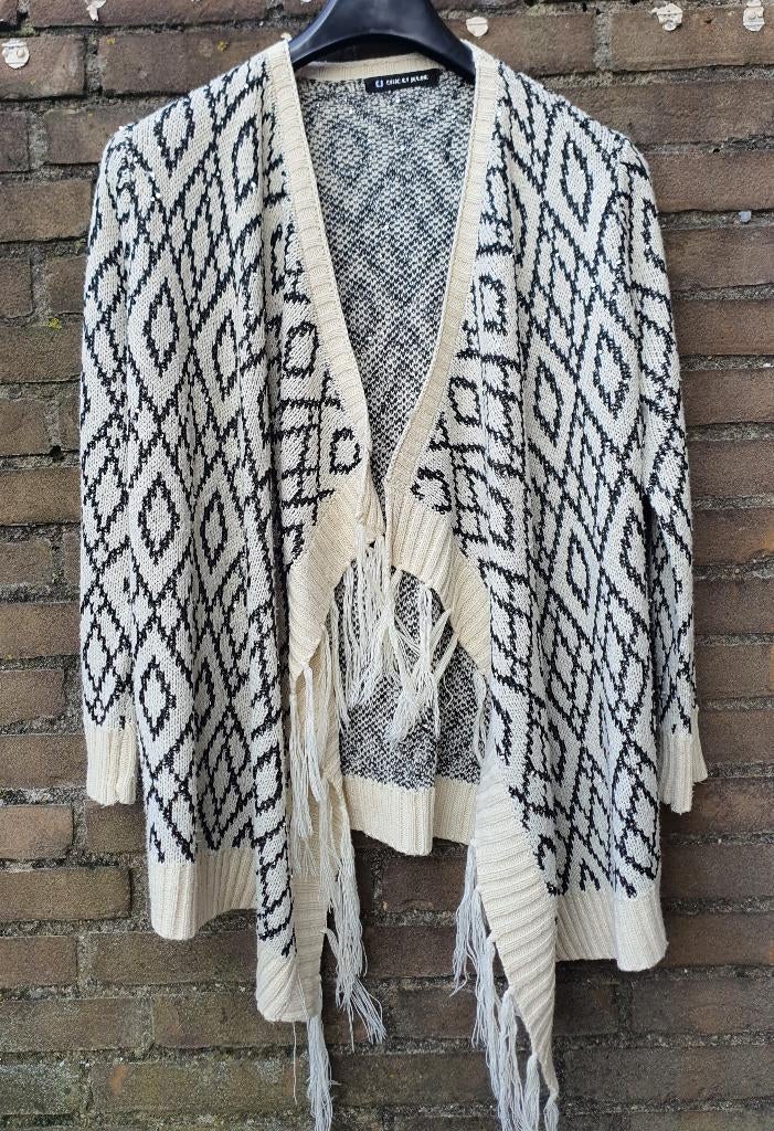 Chic & Jeune poncho vest zwart/crème – maat M/L, Ophalen of Verzenden, Zo goed als nieuw, Maat 46/48 (XL) of groter, Zwart