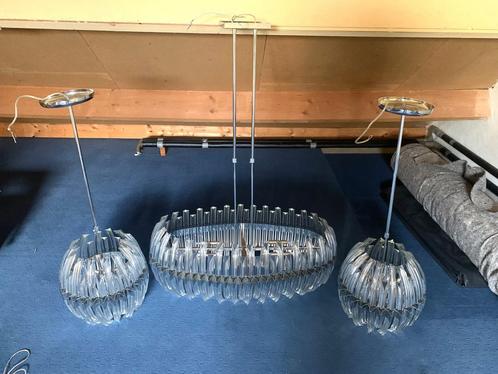 3 Vintage Klassieke Design glazen kristal chroom hanglampen, Huis en Inrichting, Lampen | Hanglampen, Gebruikt, Glas, Metaal, Ophalen