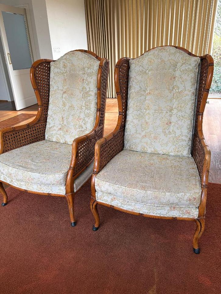 2 Vintage Giorgetti Armchair Bamboo Wingback 70s chair, Huis en Inrichting, Fauteuils, Gebruikt, Hout, Stof, 50 tot 75 cm, 75 tot 100 cm