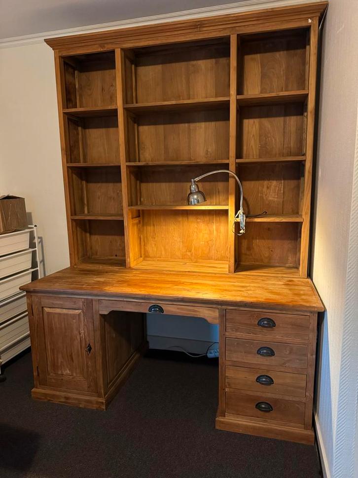 Teakhouten Bureau met Boekenkast, Huis en Inrichting, Bureaus, Gebruikt, Bureau, Ophalen