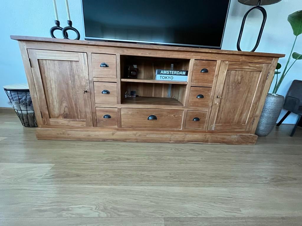 Houten TV-meubel met opbergruimte, Huis en Inrichting, Kasten | Televisiemeubels, Ophalen, Gebruikt, 150 tot 200 cm, Teakhout