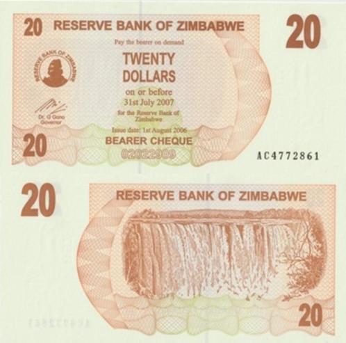 ZIMBABWE 2007 20 dollars #40 UNC, Postzegels en Munten, Bankbiljetten | Afrika, Los biljet, Zimbabwe, Verzenden