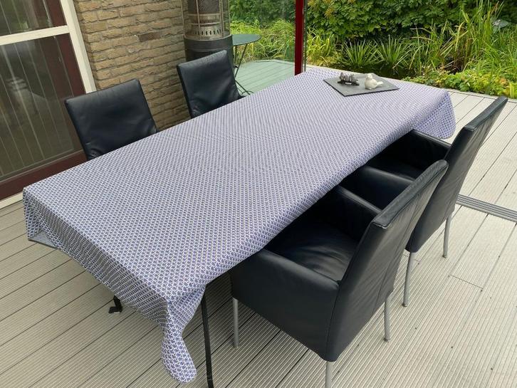 Eetkamerstoelen 4 stuks, Huis en Inrichting, Stoelen, Gebruikt, Vier, Leer, Metaal, Blauw, Ophalen