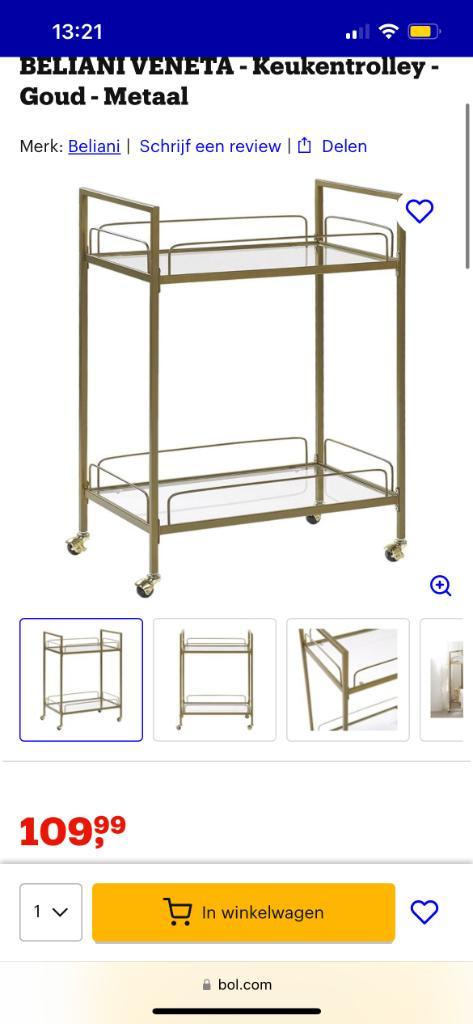 keuken trolley - drank trolley - goud & glas, Huis en Inrichting, Woonaccessoires | Overige, Gebruikt, Ophalen