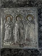 Kleine antieke verzilverde Russische icoon, Ophalen of Verzenden