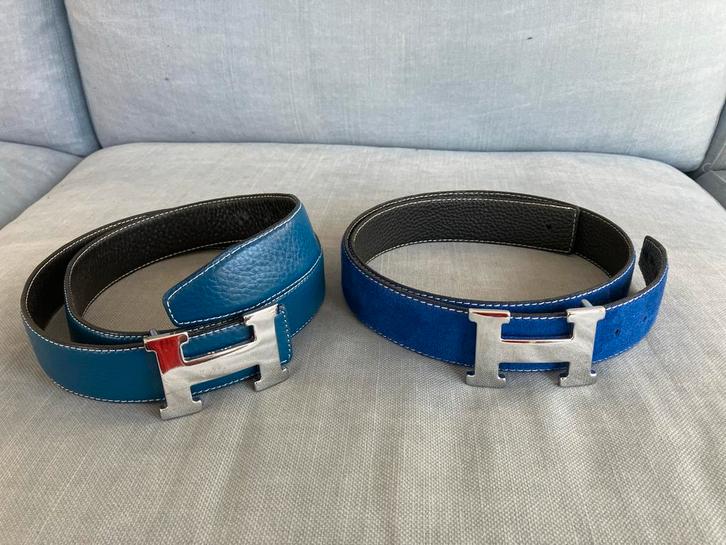 2 blauwe riemen van leer en suède, Kleding | Heren, Riemen en Ceinturen, Zo goed als nieuw, Riem of Ceintuur, 105 tot 115 cm, Overige kleuren