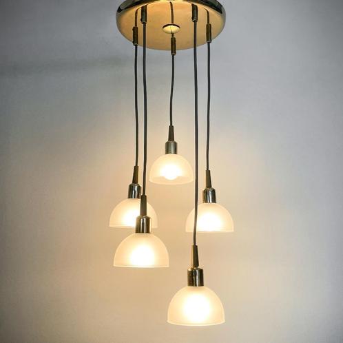 Vintage, retro cascade hanglamp, 5 glazen kapjes Massive, Huis en Inrichting, Lampen | Hanglampen, Gebruikt, 50 tot 75 cm, Glas