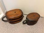 2 Stuks antieke houten hijblokken katrollen, Ophalen of Verzenden