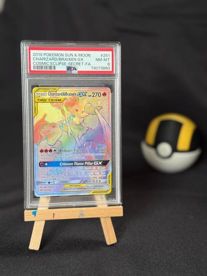 Charizard and Braixen Tag Team GX | PSA 8 | Rainbow | 251, Hobby en Vrije tijd, Verzamelkaartspellen | Pokémon, Zo goed als nieuw