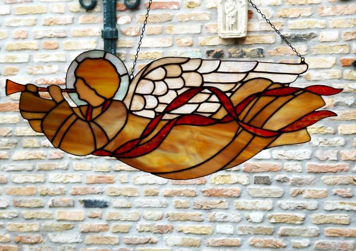 Grote tiffany engel kerstengel glas in lood kerst raamhanger, Antiek en Kunst, Antiek | Religie, Ophalen of Verzenden