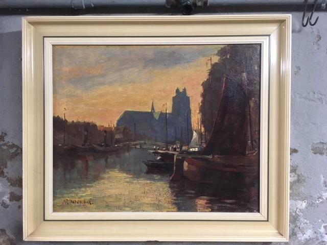 Olieverf schilderij haven van Dordrecht, Antiek en Kunst, Kunst | Schilderijen | Klassiek, Ophalen