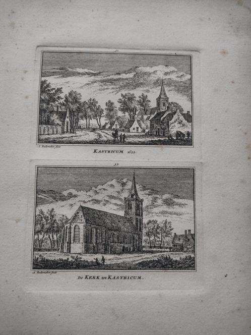 051/052 Castricum en Kerk Kopergravure 18e Eeuw dl 3, Antiek en Kunst, Kunst | Etsen en Gravures, Ophalen of Verzenden