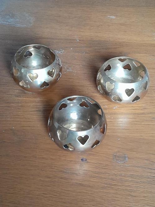 3 hartjes Waxinelichthouder van messing, Huis en Inrichting, Woonaccessoires | Kandelaars en Kaarsen, Zo goed als nieuw, Minder dan 25 cm