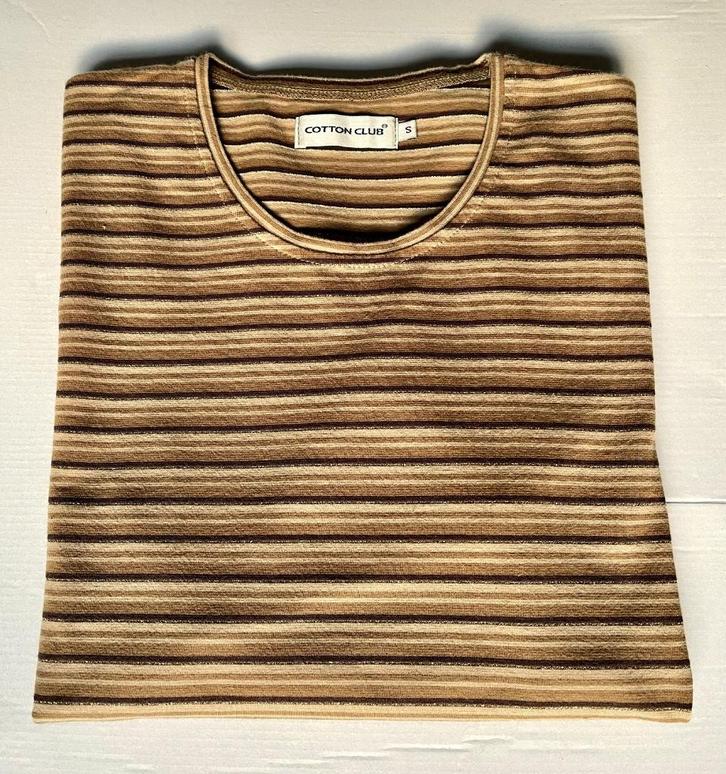 bruin-beige-goud gestreept katoenen T-shirt van Cotton Club, Kleding | Dames, T-shirts, Zo goed als nieuw, Maat 36 (S), Bruin