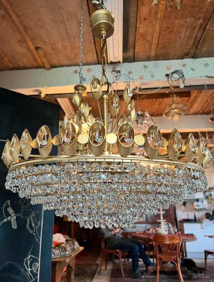 Palwa design kristallen kroonluchter uit ca 1960, Huis en Inrichting, Lampen | Kroonluchters, Zo goed als nieuw, Glas, Metaal