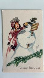 Nieuwjaar.Jacob B. Jansma. Sneeuwpop en meisje, Ophalen of Verzenden, 1940 tot 1960, Gelopen, Kinderen