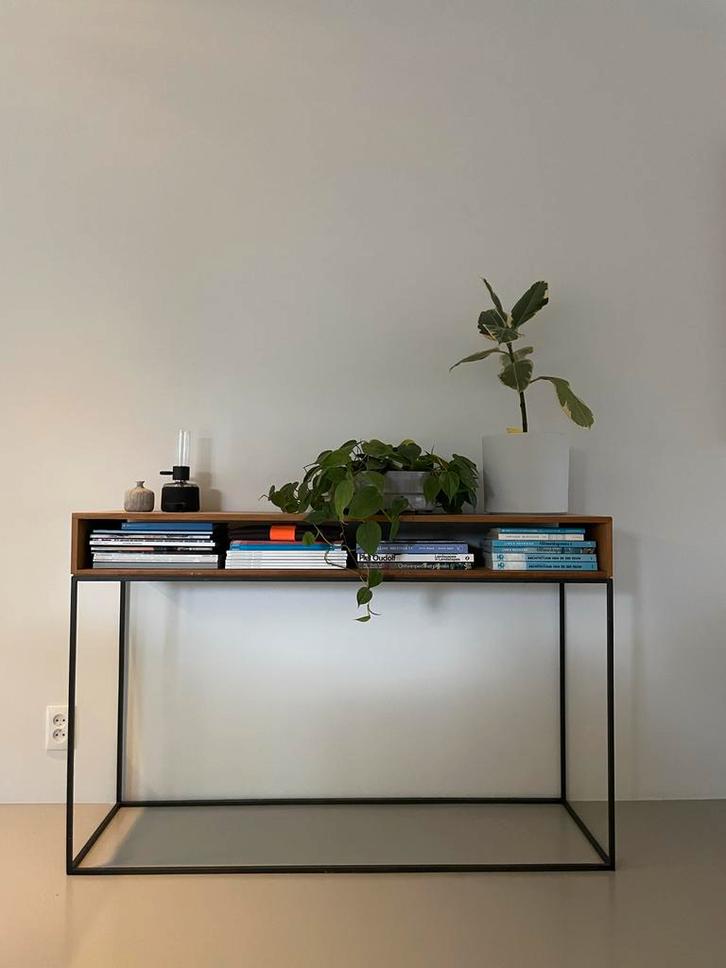 Houten wandtafel met metalen frame, Huis en Inrichting, Tafels | Sidetables, Gebruikt, Minder dan 25 cm, 100 tot 150 cm, Rechthoekig