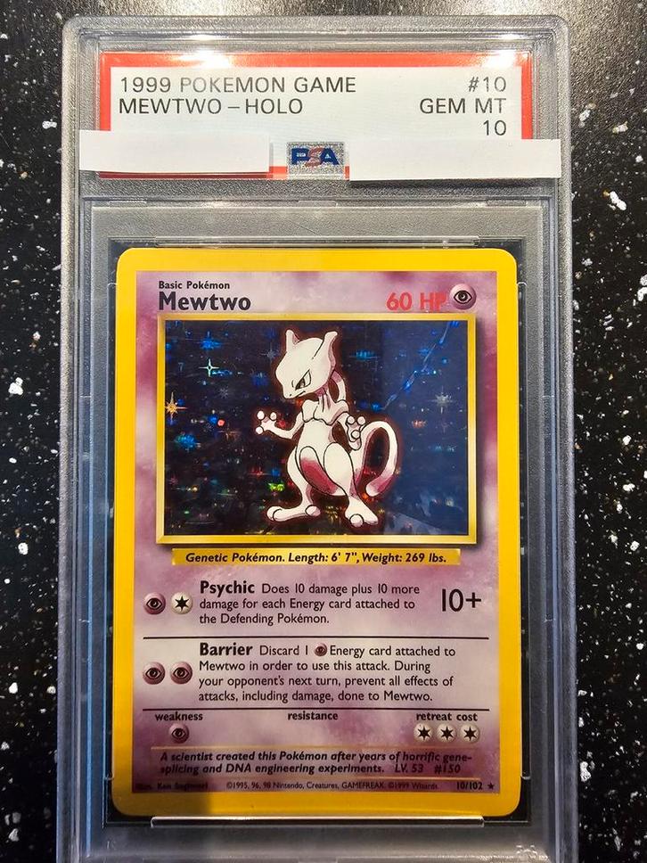 1999 Mewtwo Holo PSA 10 - Zeldzaam!, Hobby en Vrije tijd, Verzamelkaartspellen | Pokémon, Zo goed als nieuw, Ophalen of Verzenden