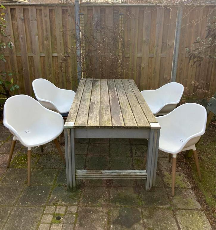 Hardhouten tuintafel met 4 kuipstoelen, Tuin en Terras, Tuinsets en Loungesets, Gebruikt, Tuinset, Hardhout, 4 zitplaatsen, Eettafel