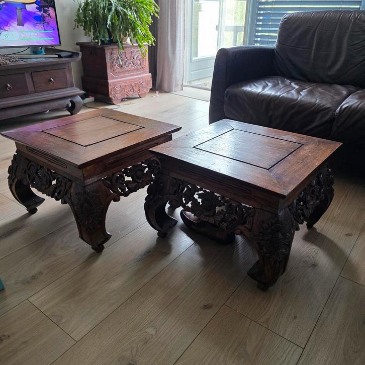 Antieke Salontafels - Set van 2, Huis en Inrichting, Tafels | Bijzettafels, Gebruikt, Vierkant, Minder dan 45 cm, Minder dan 55 cm