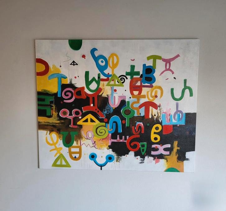 Kleurrijk abstract schilderij 120 x 100 cm, Antiek en Kunst, Kunst | Schilderijen | Abstract, Ophalen