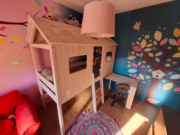 Half hoogslaper huisje, Huis en Inrichting, Slaapkamer | Bedden, Gebruikt, Eenpersoons, 90 cm, Hout, Wit, Ophalen