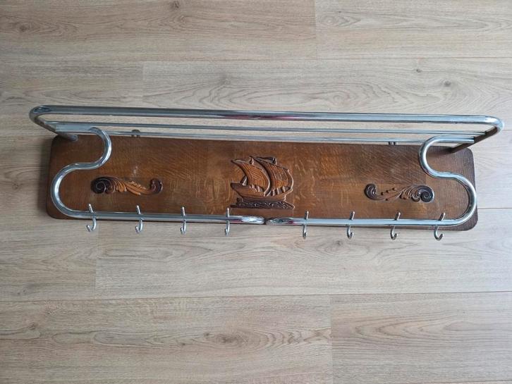 Vintage kapstok muurkapstok schip boot zeilschip chroom hout, Huis en Inrichting, Woonaccessoires | Kapstokken, Gebruikt, Wandkapstok