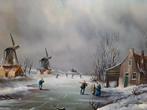 Schilderij schaatsers in winterlandschap, Antiek en Kunst, Ophalen of Verzenden