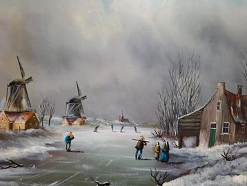 Schilderij schaatsers in winterlandschap  beschikbaar voor biedingen
