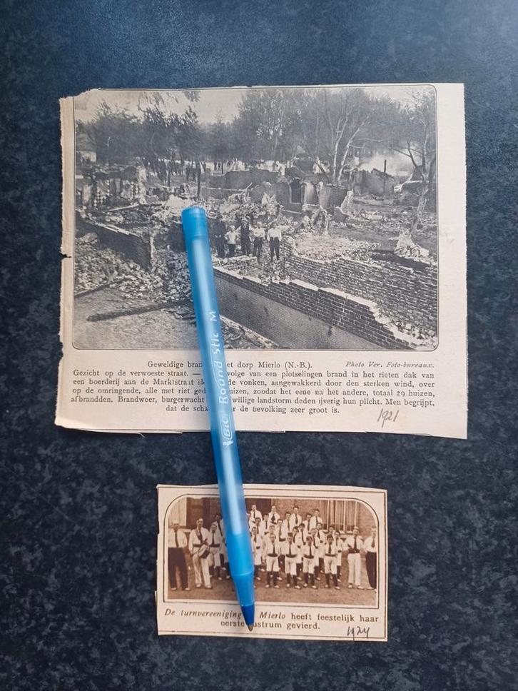 2 Oude knipsels van Mierlo (brand en turnen), Verzamelen, Ansichtkaarten | Nederland, Noord-Brabant, 1920 tot 1940, Ophalen