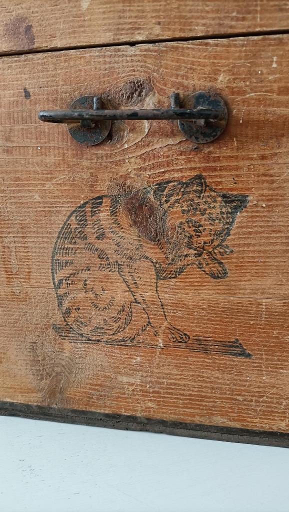 vintage houten kist afbeelding kat, poes industrieel koffer, Huis en Inrichting, Woonaccessoires | Kisten, Gebruikt, Minder dan 50 cm