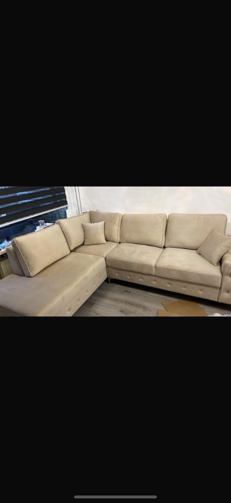 Beige Bank, Huis en Inrichting, Banken | Bankstellen, Zo goed als nieuw, Hoekbank, Vierpersoons of meer, 300 cm of meer, Stof