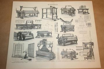 Antieke prent - Weefmachines en weven - ca 1885 !! beschikbaar voor biedingen