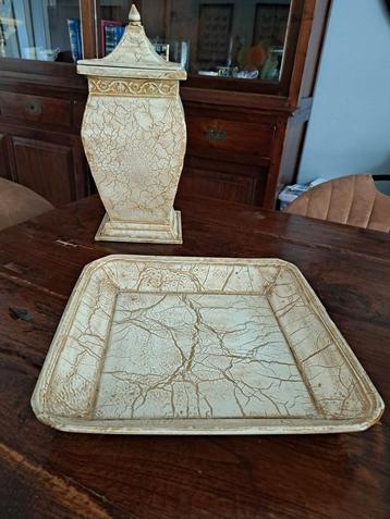 Craquelé dienblad en grote pot met deksel beige/zand kleuren beschikbaar voor biedingen