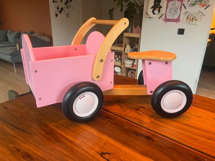 Houten kinder bakfiets, loopfiets, roze kinderfiets, Kinderen en Baby's, Speelgoed | Houten speelgoed, Gebruikt, Ophalen