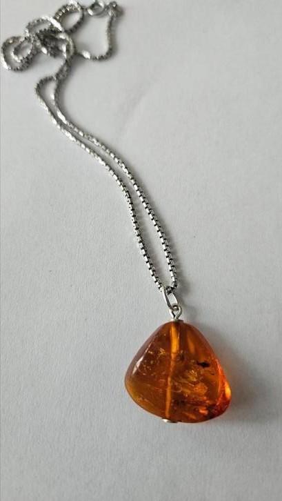 Zilveren ketting met echte  barnsteen  hanger, Sieraden, Tassen en Uiterlijk, Kettingen, Zo goed als nieuw, Zilver, Zilver, Met hanger