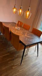 Eettfel en salontafel in blokjesmotief hout, Huis en Inrichting, Ophalen, 200 cm of meer, 50 tot 100 cm, Zo goed als nieuw