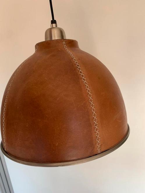 Stoere leren / metalen hanglamp, Huis en Inrichting, Lampen | Hanglampen, Zo goed als nieuw, Minder dan 50 cm, Metaal, Ophalen