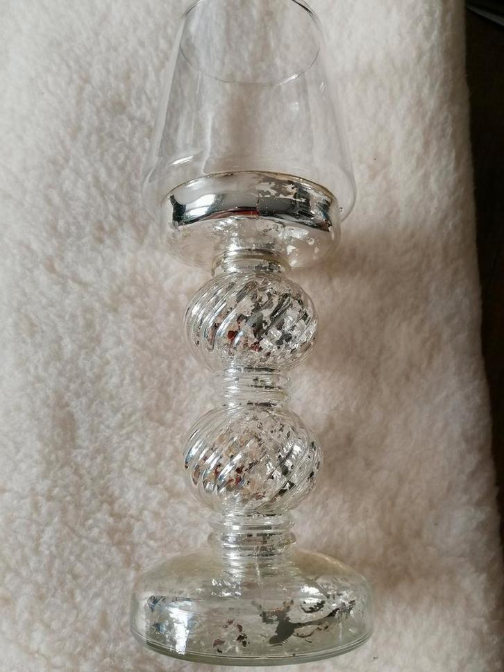 Glazen ziverkandelaar met waxinelichthouders 4, Antiek en Kunst, Antiek | Kandelaars, Glas, Ophalen of Verzenden