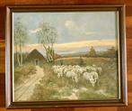 Schilderij van kudde schapen met herder door A van der Meer, Antiek en Kunst, Ophalen