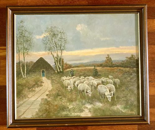 Schilderij van kudde schapen met herder door A van der Meer, Antiek en Kunst, Kunst | Schilderijen | Klassiek, Ophalen