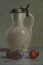 Stilleven dekselkan en pruimen op paneel. Hans Habraken., Antiek en Kunst, Ophalen of Verzenden