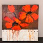 Mixed media schilderij met rode bloemen – 60x60 cm, Antiek en Kunst, Kunst | Schilderijen | Klassiek, Ophalen